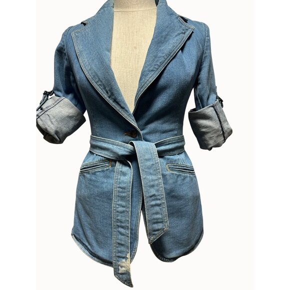 Vintage L’Avion Denim Belted Blazer Jacket Rolled Sleeves Aviator Western Small - Picture 2 of 12
